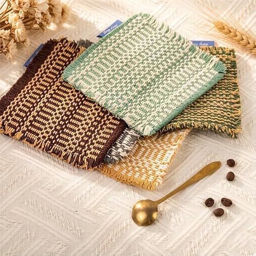 Piece Handwoven Look Linen & Cotton Coffee Coaster Set, Eco-Friendly & Shape-Retaining, Textured Weave, Heat-Resistant & Absorbent, Perfect for Coffee/Tea Cups, Home Bar, Office & Gift