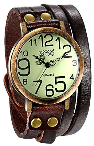 JewelryWe Herren Damen Armbanduhr, Braun Leder Armband Wickelarmband, Casual Retro, Analog Quarz Uhr, Vintage grünes Digital Zifferblatt