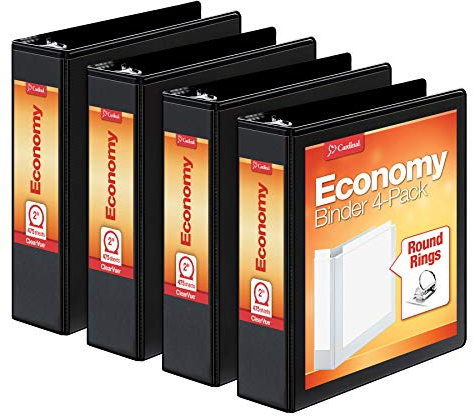 Cardinal Economy 3 Ring Binder, 2 Inch, Presentation View, Black, Holds 475 Sheets, Nonstick, PVC Free, 4 Pack of Binders (79522)