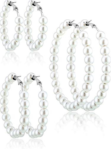 Hicarer 3 Pairs Pearl Hoop Earrings Pearl Earrings for Women Girlfriend Brides Gift Silver Earring Needle(Silver)