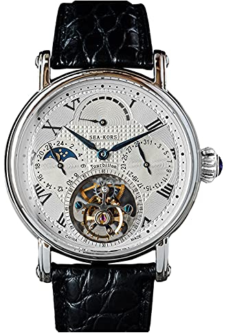 SE8007SK Seakors Tourbillon Black Index Möwe ST8007 Uhrwerk Saphirglas Herren Mechanische Uhr 1963, Schwarz , 40 mm, Armband