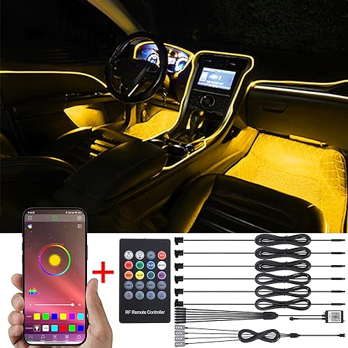 TABEN Kit de iluminación Ambiental para el automóvil, 6 en 1 con iluminación de Fibra óptica para los pies de 8 m, Control Remoto Activo de Sonido de Ritmo Musical y Control de aplicación Bluetooth