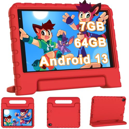 YESTEL Tablet per Bambini 8 Pollici Android 13, 7GB RAM 64GB ROM 1TB Espandibile, WiFi 6 BT 5.0, Controllo Parentale, App Educative, 3600mAh, 1280 * 800 HD, con Custodia Protettiva, Rosso