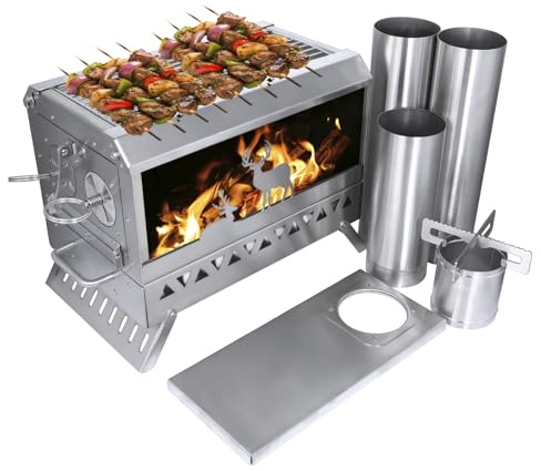 Outdoor Camping Tent Stove Portable Stainless Steel with Chimney Barbecue Net for Outdoor Cooking BBQ Heating & Fishing(Large)