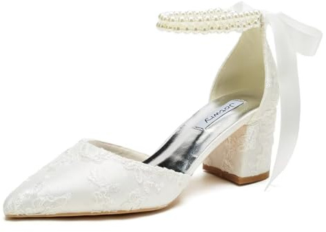 Lace Wedding Shoes for Bride Block Heel Pointed Toe Wedding Heels Pearl Bridal Shoes-Ivory-9