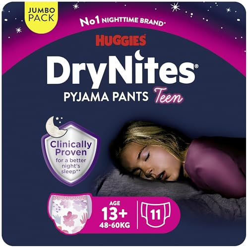 Huggies DryNites flickblöjor 13+ (48–60 kg), kliniskt testad med 5 lager maximalt totalt nattskydd 11 engångsblöjor på natten