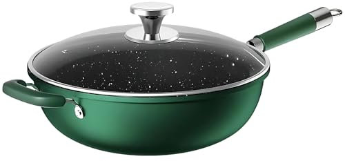 Wok da 34 cm con coperchio, padella antiaderente, senza rivestimento chimico, padella per sauté, coperchio in vetro temperato con sfiato per vapore, piani cottura elettrici a gas a induzione di grande
