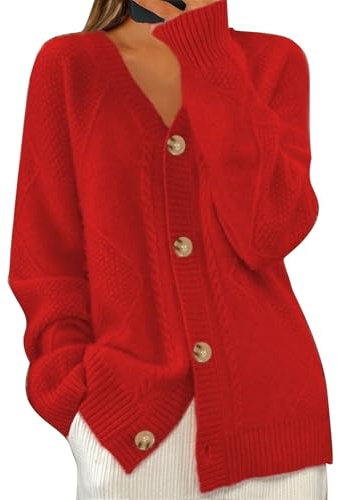 Gilet Femme Hiver Long En Laine Grosse Maille - Veste Oversize Grande Taille - Rouge L