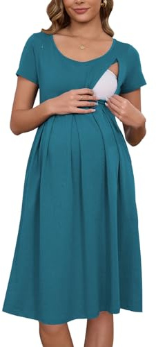 Ecavus Women's Nursing Dress Short Sleeve Hidden Zipper Maternity Breastfeeding Dress with Pockets Blue