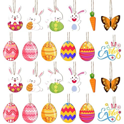 Guidre Decorazione Pasquale in Legno, 24 Pezzi Uova di Pasqua da Appendere, Coniglietto Pasquale, Carota, Fiori, Decorazione Pasquale e Primaverile, Per Scuola
