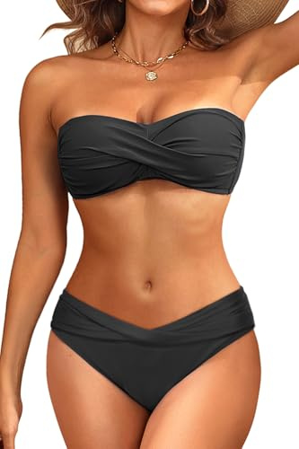 Women's Black Strapless Bandeau Bikini Set - Twist Front Two Piece Swimsuit with Side Tie Bathing Suit Bottom S