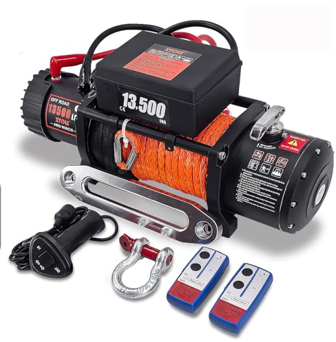 XYCLE13500LB Winch12V Electric Winch with Synthetic Rope & Wireless Remote,IP67Waterproof Off-Road RecoveryWinch forTruck Jeep ATV UTV,Heavy Duty Winch Kit with Hawse Fairlead(Orange Synthetic Rope)