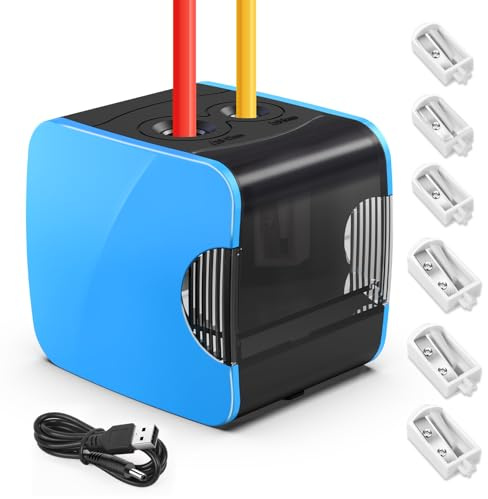 PITMT Elektrischer Anspitzer, Anspitzer mit Behälter Elektrisch für Kinder, Batterie und USB Betrieben Spitzer mit Dose, 2 Größen Bleistiftspitzer Dicke und Dünne Stifte mit 4 Ersatzmesser(Blau)