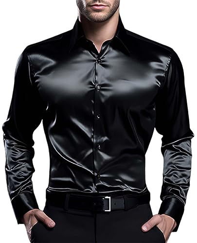 Long Sleeve Shirts for Men Satin Silk Shirt Shiny Untucked Business Dress T-Shirt Blouse Party Disco Formal Tops 2025 Camisas Vaqueras para Hombres(Grey, M)
