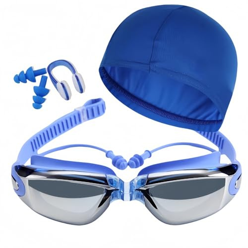 Vyloky Set di occhiali da nuoto anti-appannamento, 8 colori con cuffia da nuoto | con clip per naso e fascia per tappi per le orecchie | guarnizione 3D da uomo (blu specchio)