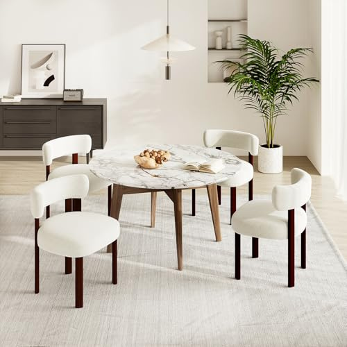 COLAMY Wooden Dining Chairs Set of 4, Fabric Chairs for Dining Room with Open Curved Backrest and Thick Seat Cushion, Upholstered Kitchen Chair with Anti-Slip Pads, Beige