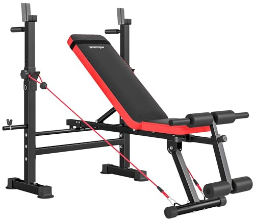 SPORTNOW Panca Palestra Multifunzione con Sedile, Supporto Bilanciere e Schienale Regolabili, Panca Pesi con Dip Station, Leg Extension, Addominali, 2 Bande, Carico 420kg, Allenamento Palestra Casa
