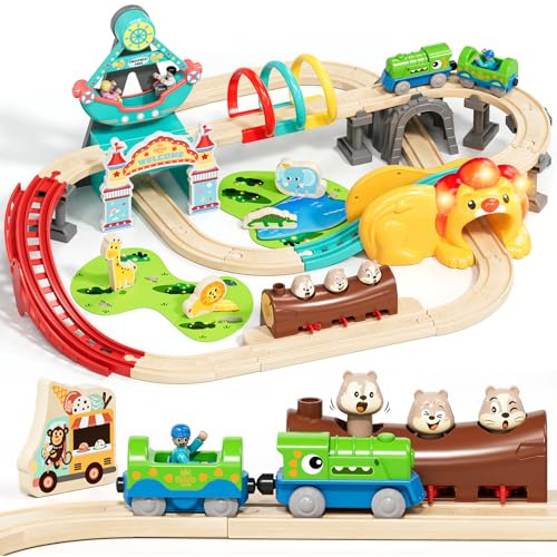 Lehoo Castle Wooden Train Set for Toddlers, Amusement Park Train Track Set with Battery Powered Dinosaur Trains & Figures, Tunnel-Activated Lights & Train Sounds, Ages 3+