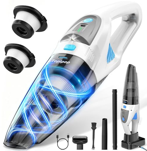 Topipop Aspirabriciole Senza Fili, 25000Pa Aspirapolvere Portatile con Stazione di Ricarica, Filtro HEPA Lavabile e Batteria 8000mAh, Include LED e 3 Spazzole per Casa, Pelo Animali, Auto (Bianco)