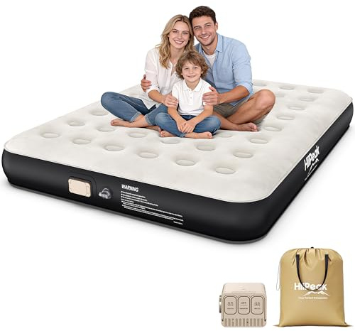 HiiPeak Queen Air Mattress with Built in Wireless Removable Pump, Camping Mattress Soft Suede Topper Inflatable Blow up Mattress, Portable Air Bed for Camping, Guests, Home (Queen（10'' Height）)
