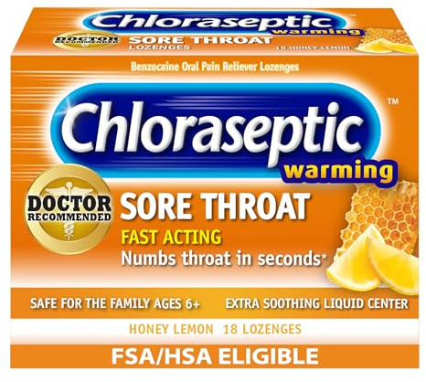 Chloraseptic Total Sore Throat Lozenges, Real Honey Lemon, Drops with Liquid Center to Numb and Warm Sore Throat, 18 Count