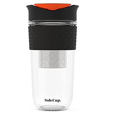 SoleCup Large Travel Mug Loose Tea Infuser - Detachable Tea Strainer with Spill Proof Lid - 18oz/530ml BPA-Free Reusable Glass Travel Coffee Cup with Silicone Band (Black, 530ml / 18oz)