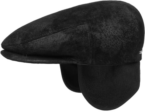 Stetson Kent Pigskin Flat Cap Herren Made in EU Mit Ohrenklappen Aus 100% Leder Mit Fleecefutter Herbst Winter schwarz XL (60-61 cm)