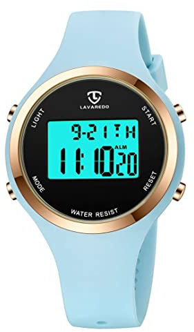 aswan watch Reloj Digital Mujer con Alarma, Cronómetro, LED y Calendario | Pantalla nocturna con luz LED, calendario, formato 12/24 h y correa de silicona; diseño digital deportivo para mujer.