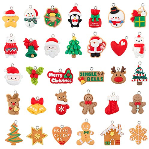 32pcs Mini Christms Tree Decorations Miniature Christams Decorations Resin Xmas Mini Figures Tiny Christmas Tree Ornaments Assorted Gingerbread Man Penguin Santa Claus Snowman