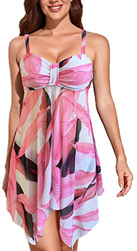 CIZEUR Tankini Maillot de Bain 2 Pieces Femme Push up Bretelles Réglables Jupe de Bain Imprimé mit Slip Beachwear,M Rose et Blanc