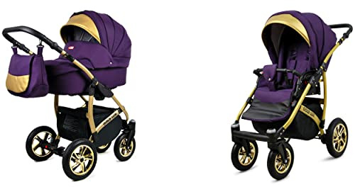 BabyLux Gold Lux 2-in-1 Baby Kinderwagen Tief und Kinderwagen mit Zubehör Verstellbar und faltbar Aluminium Konstruktion Wasserdicht Nicht abnehmbare Räder Royal Purple Gold Frame