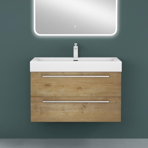 Mai & Mai Meuble Salle de Bain Marron Clair Ensemble de 2 Pièces 90cm | Ensemble de Meubles, Lavabo Inclus, Meuble sous Lavabo Suspendu avec Tiroir, 90x48x60cm, Quadratto
