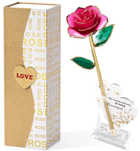 Mikasol Gold Dipped Real 24K Forever Preserved Rose, 1 Pack Infinity Flower Decor Hand Dipped Romantic Gift for Women in Her Wife Girlfriend Birthday Anniversary Valentines Mothers Day Christmas(Pink)
