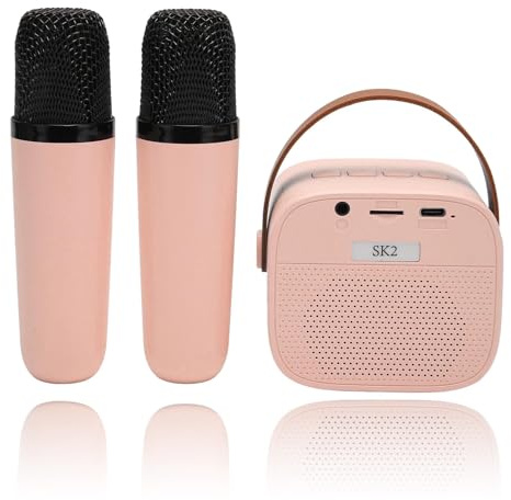 Mini Karaoke Machine Set, Portabel Stereo Bluetooth-högtalare med 2 Trådlösa Mikrofoner för Barn Vuxna, Upp Till 512G Lagring, Handhållen Mikrofon för Home Party KTV (Rosa)
