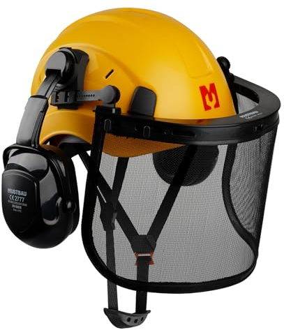 Mustbau Chainsaw Safety Helmet, Protective Helmet with Earmuffs and Mesh Visor, 53 to 63 cm Adjustable Headband Suitable for Forestry, Construction, Work