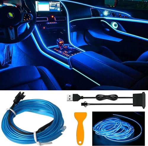 Treyaxy 5M/16.5FT EL Wire Car LED Interior Strip Light, USB Neon Lights with 6mm Sewing Edge, Glowing Electroluminescent (EL) Wire, Ambient Lighting Kit Decorations 5M/16.5FT, Blue