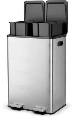 LIFEZEAL 60 Liter Rechteckiger Mülleimer, Abfalleimer Küche 2 Fächer, Tretmülleimer mit Sanft Schließendem Deckel & Griffe, Küchenabfalleimer aus Edelstahl, Treteimer für Küche Büro Wohnzimmer