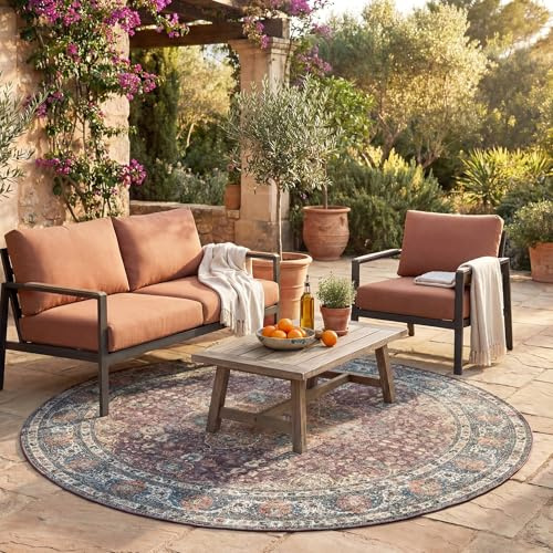 In- & Outdoor Teppich Rund - Kairo Medaillon Bordeaux Rot - Wetterfest - Polypropylen - Ø 120 cm - Wohnzimmer, Esszimmer, Balkon, Garten / Terrasse - Terrasse teppich - Outdoor rug