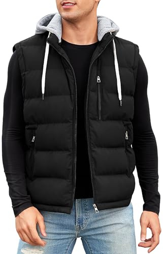 Vancavoo Men's Gilet with Hood Winter Lightweight Quilted Body Warmer Vest Casual Outdoor Sleeveless Puffer Coat(Black,XL)