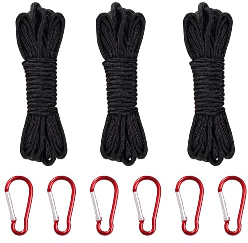 3 Cuerda de Nylon, 10M Cuerda de Supervivencia, Cuerda de Paracord, Cuerda de Polipropileno Negro, Cuerda Multiusos con 6 Hebillas de Montañismo para Camping, Outdoor, Bricolaje