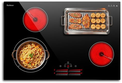 Karinear Placa vitrocerámica 4 fuegos 77 cm, Control deslizante, zona de expansión de doble bucle, 9 niveles de potencia, temporizador, cierres de seguridad