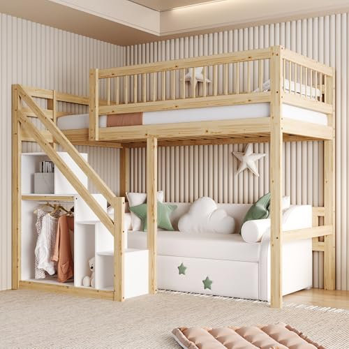 Etagenbett 90x200, Kinderbett Hochbett mit Treppe & Aufbewahrungsschrank, Massivholz Funktionsbett Einzelbett Stockbett Spielbett Kinderhochbett Jugendhochbett mit Lattenrost, Ohne Matratze,Holzfarbe