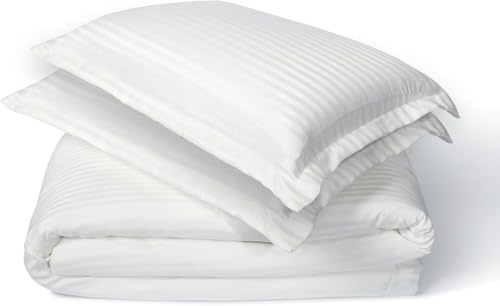 Housse de Couette 220x240 ( lit 140/160 cm) Satinée Rayée + 2 Taies d'oreillers 70x50 - Microfibre Polyester Douce Doublement Brossée - Antiacariens, Entretien Facile - Oeko-TEX - Blanc Brillant