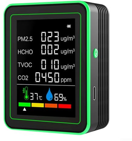 Détecteur de dioxyde de carbone avancé 6 en 1 avec affichage LED intuitif, pour la surveillance de l'air à la maison et au bureau (noir)