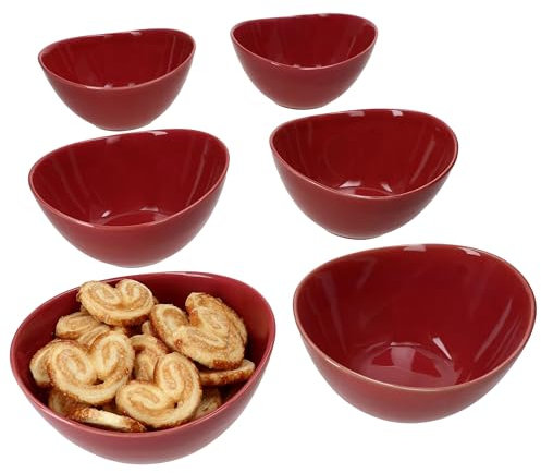MÄSER Lot de 6 bols à céréales Natural - 400 ml - En faïence ovale rouge foncé avec forme incurvée pour 6 personnes - Pour salade, soupe, céréales, chips, etc.