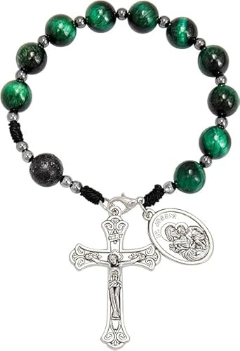 Nazareth Store Tiger Eye Beads One Decade Rosary Handmade Pocket Car Mirror with Saint Joseph Medal and Jesus Cross in Antique Silver Volcanic Stone Travel Friendly Rosary (Green Tiger Eye)