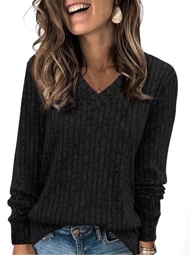 Fisoew Maglione Leggero a Maniche Lunghe con Scollo a V da Donna Elegante Pullover in Maglia a Costine Felpa, Nero, XL