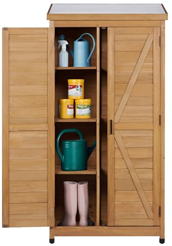 68''x33''x20'' Outdoor Wooden Storage Shed with Metal Top Tall Vertical Tool Cabinet for Backyard Garden Patio Lawn (Gold)
