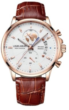LOUIE JUELEN Men's Chronograph Watch with Date - Business Casual Waterproof Wristwatch for Men (Rose Gold Shell Black face Black Belt)(Rose Gold Shell White face Brown Belt)