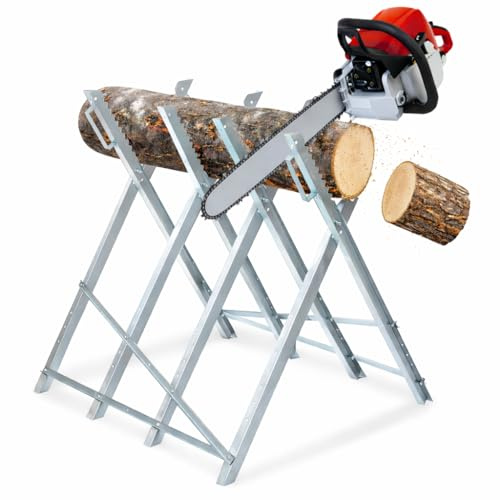 Hebitod Chevalet de scie à bois stable en acier avec 4 supports de dents, galvanisé pliable, charge jusqu'à 150 kg, aide à la scie, pour tronçonneuses, pliable pour troncs d'arbre jusqu'à 23 cm de